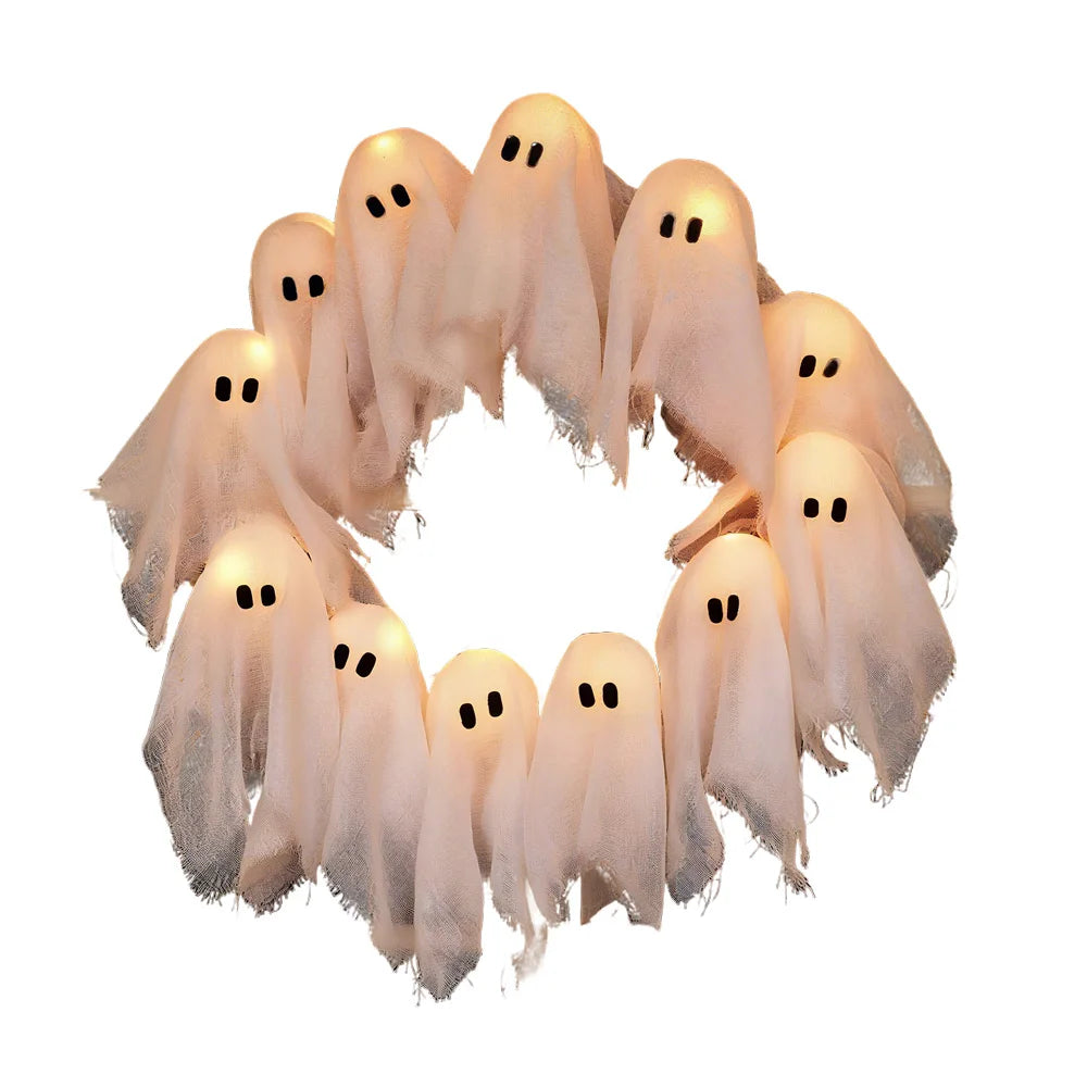 Pack of 3 Light Up Ghost Wreaths, Halloween Front Door Wreath with 12 LED Lights, Battery Operated Spooky Door Decor, 15.7in