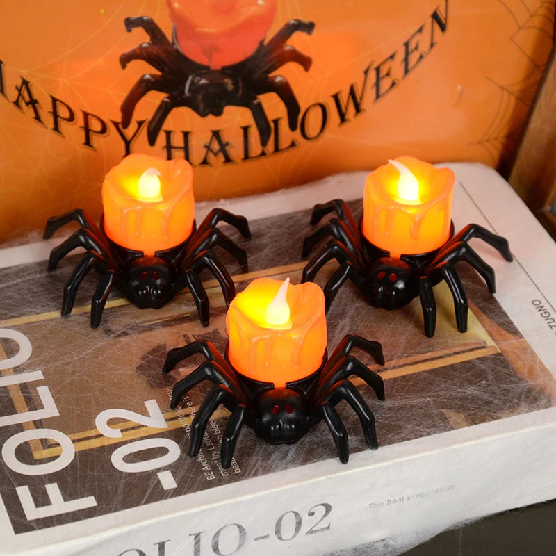 Spider LED Tealight Candles, Halloween Flameless Candles for Table & Haunted House Decor, Black Spider Base, Set of 10, 3.3in