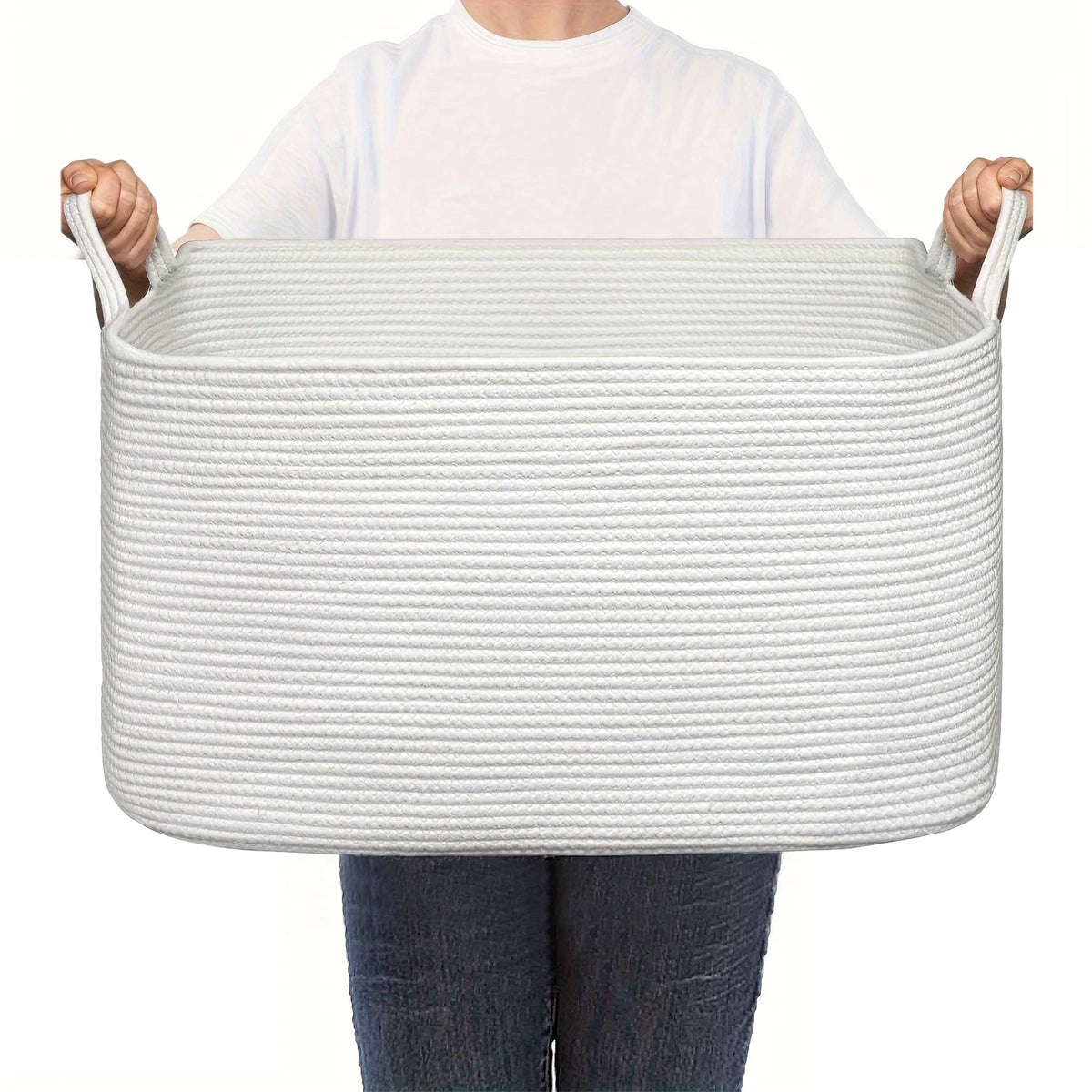 Large Woven Rope Storage Basket with Handles, Laundry, Blanket & Toy Basket, Halloween Candy Bin, 6 Colors, 19 x 13.4in
