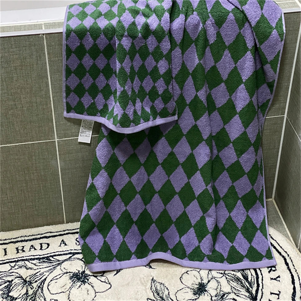 Checkered Jacquard Cotton Towel, Soft Absorbent Hand & Hair Towel, Yarn Dyed Pure Cotton, 2 Colors, 14x30in