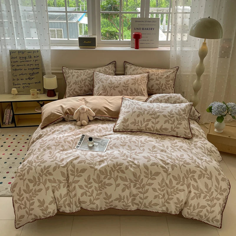 Washed Cotton Bedding Set of 4 with Duvet Cover, Flat Sheet & 2 Pillowcases, 100% Cotton, Brushed Finish, 12 Designs, 3 Sizes