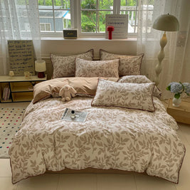 Washed Cotton Bedding Set of 4 with Duvet Cover, Flat Sheet & 2 Pillowcases, 100% Cotton, Brushed Finish, 12 Designs, 3 Sizes