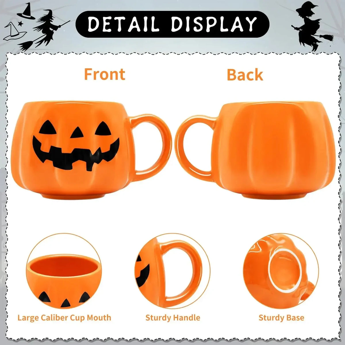 Pack of 3 Pumpkin Mugs, Ceramic Jack-o'-Lantern Coffee Cup for Halloween & Fall, Glossy Orange, Black or Gold Face, 13.5oz, 3.2in