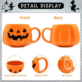Pack of 3 Pumpkin Mugs, Ceramic Jack-o'-Lantern Coffee Cup for Halloween & Fall, Glossy Orange, Black or Gold Face, 13.5oz, 3.2in