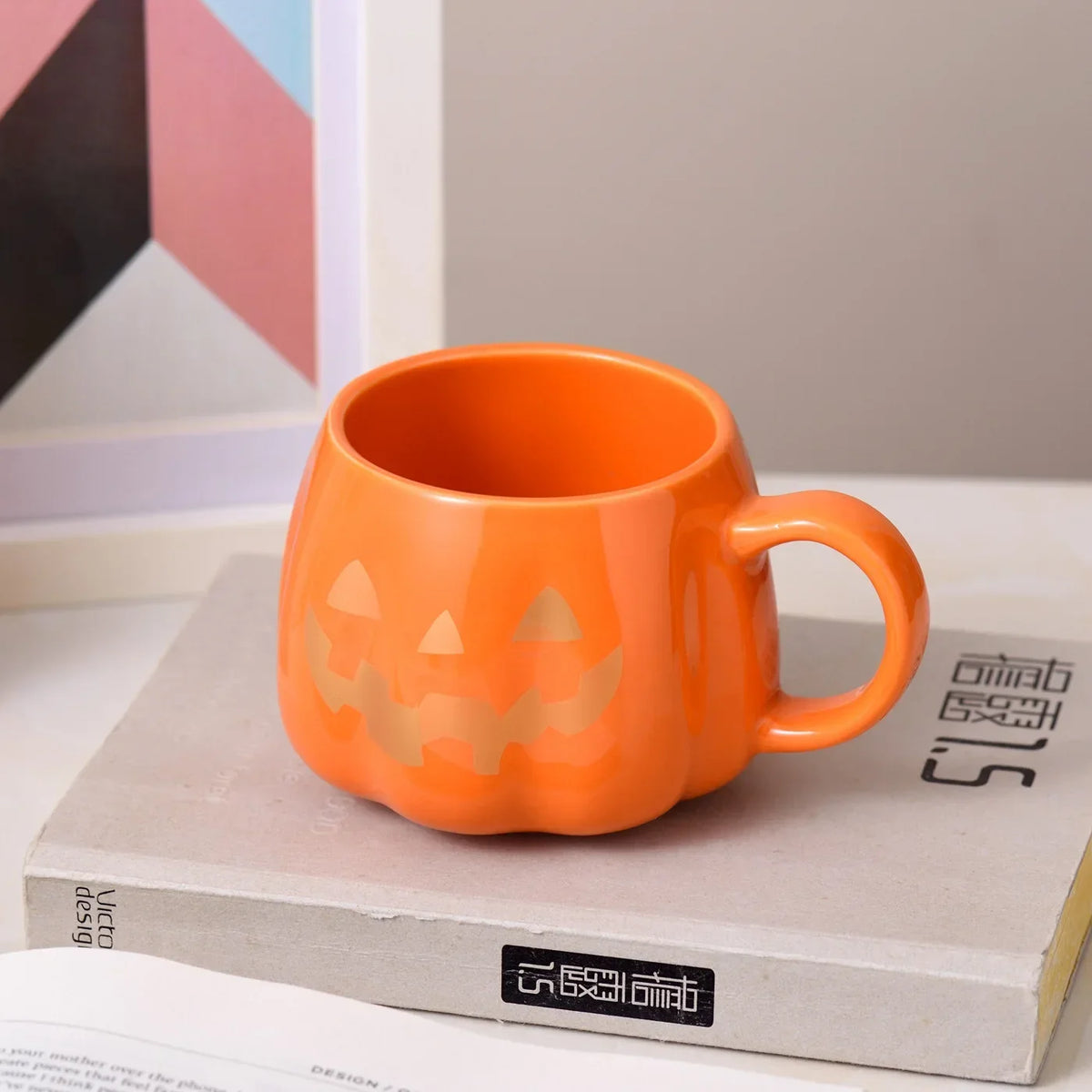 Pack of 3 Pumpkin Mugs, Ceramic Jack-o'-Lantern Coffee Cup for Halloween & Fall, Glossy Orange, Black or Gold Face, 13.5oz, 3.2in