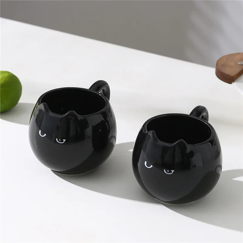 Pack of 4 Black Cat Mugs, Ceramic Cat Shaped Coffee Cup with Ears, Glossy Black Halloween & Everyday Mug, 13oz, 3.3in