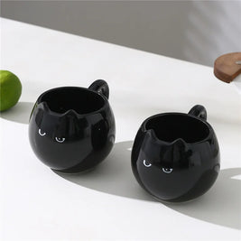 Pack of 4 Black Cat Mugs, Ceramic Cat Shaped Coffee Cup with Ears, Glossy Black Halloween & Everyday Mug, 13oz, 3.3in