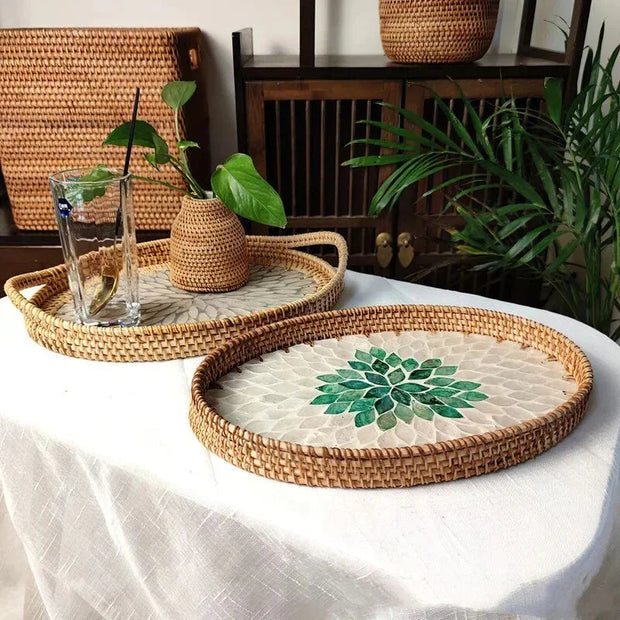 Rattan Serving Tray with Handles, Shell Inlay Coastal Tray, 2 Designs, 13in