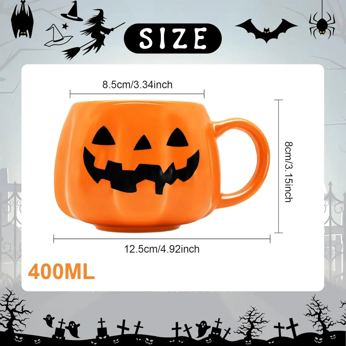 Pack of 3 Pumpkin Mugs, Ceramic Jack-o'-Lantern Coffee Cup for Halloween & Fall, Glossy Orange, Black or Gold Face, 13.5oz, 3.2in