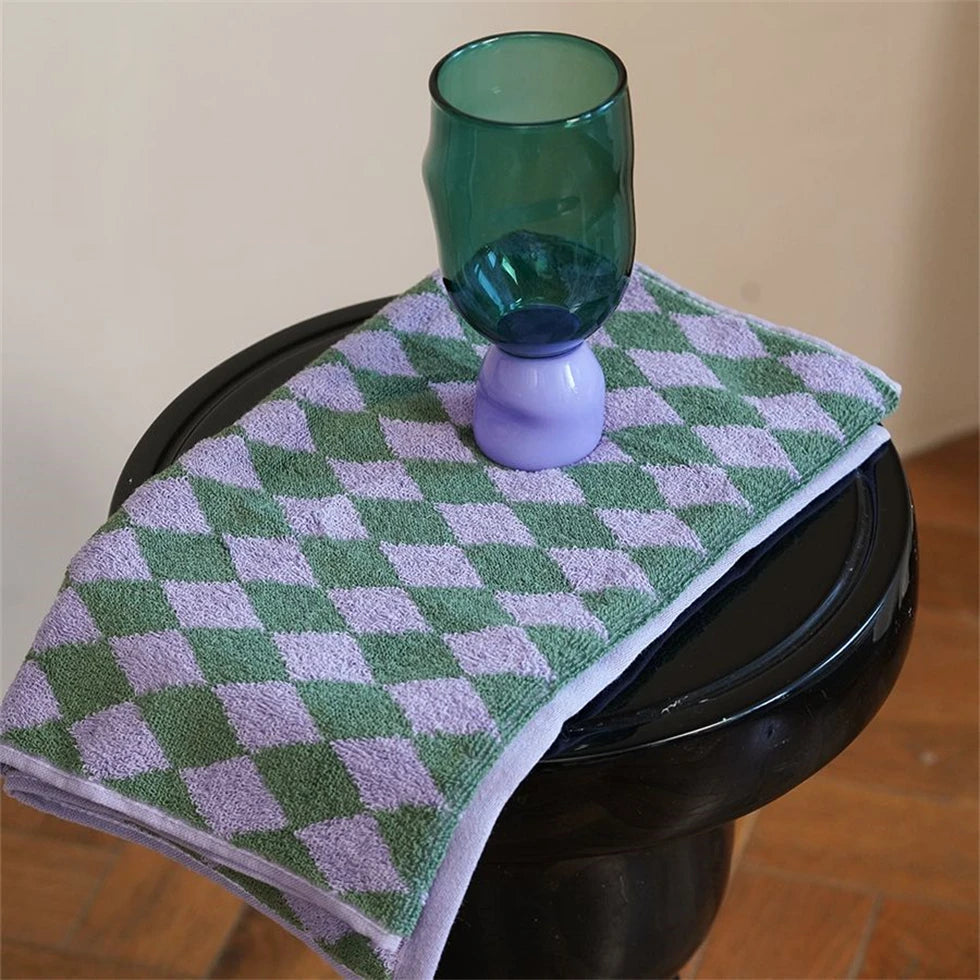Checkered Jacquard Cotton Towel, Soft Absorbent Hand & Hair Towel, Yarn Dyed Pure Cotton, 2 Colors, 14x30in