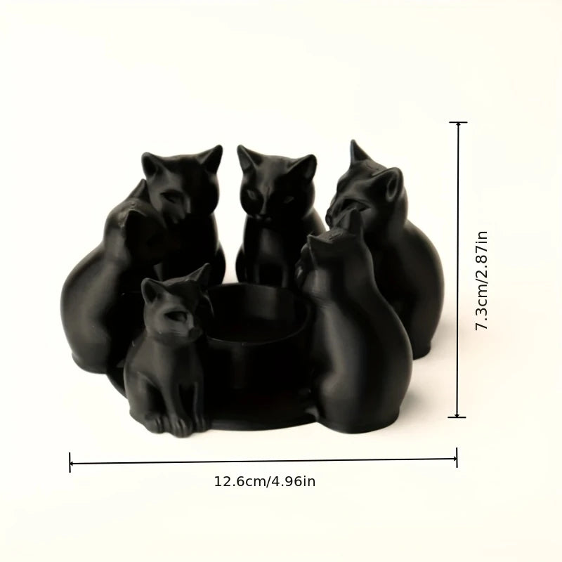 Pack of 3 Black Cat Tealight Holders, Halloween Candle Holder & Table Centerpiece, Ring of Sitting Cats, Matte Black, 5in