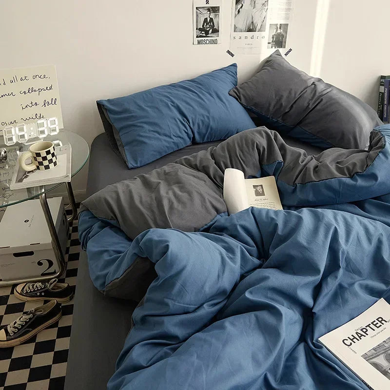 Washed Cotton Bedding Set of 4, Soft Duvet Cover, Sheet & Pillowcases, Solid Color, 14 Colors, 5 Sizes