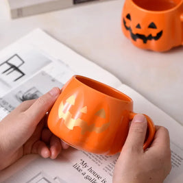 Pack of 3 Pumpkin Mugs, Ceramic Jack-o'-Lantern Coffee Cup for Halloween & Fall, Glossy Orange, Black or Gold Face, 13.5oz, 3.2in