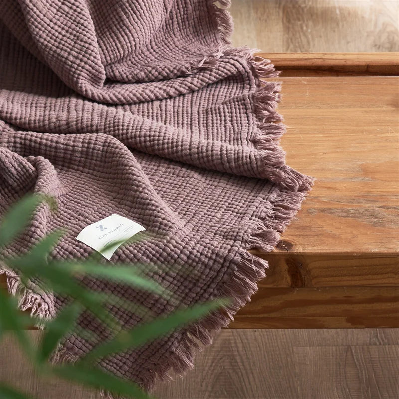 Four Layer Cotton Gauze Blanket with Tassels, Breathable Sofa Throw & Bed Blanket, 100% Cotton, 7 Colors, 2 Sizes