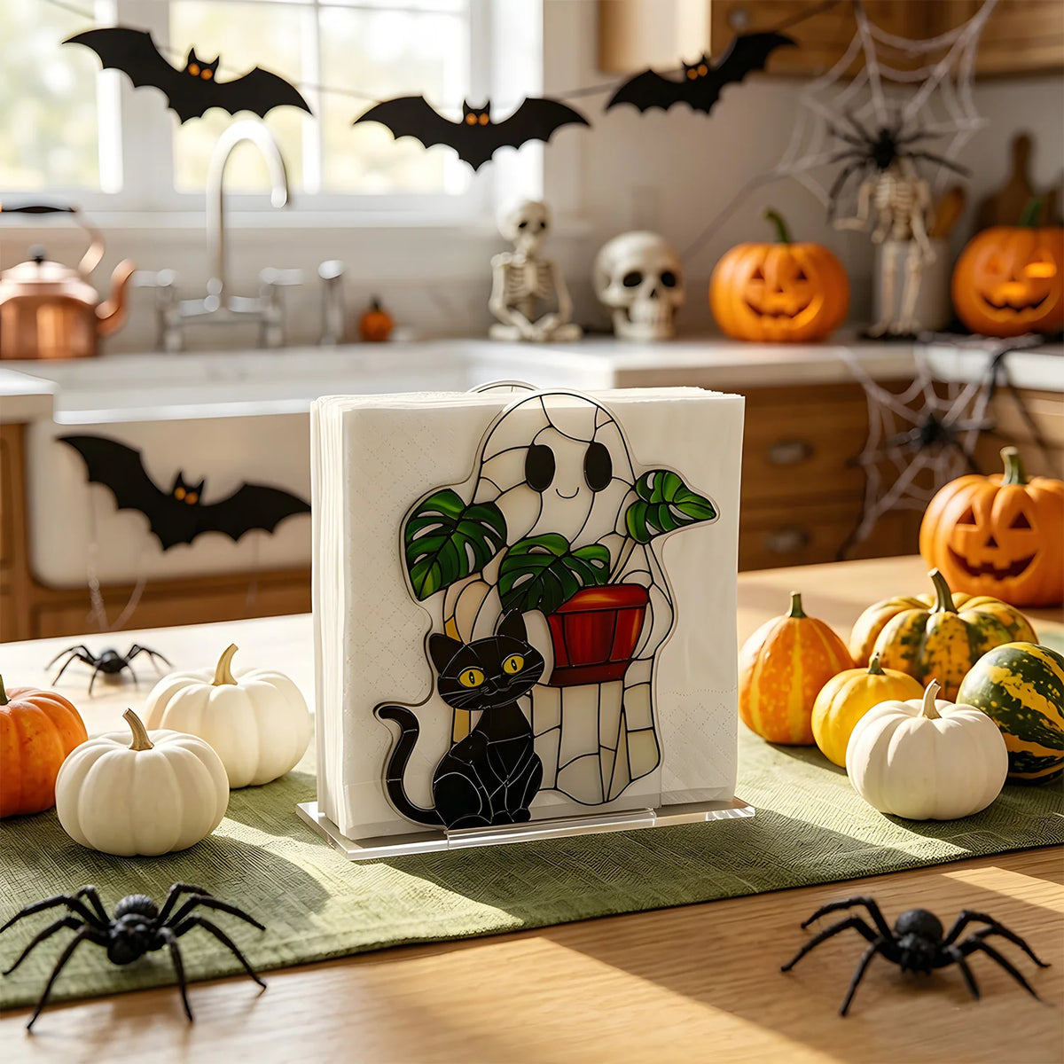Pack of 6 Halloween Napkin Holder,s Printed Acrylic Ghost Design with Stained-Glass Look for Kitchen & Dining Table, 4 Designs, 4.7in