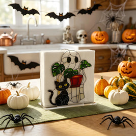 Pack of 6 Halloween Napkin Holder,s Printed Acrylic Ghost Design with Stained-Glass Look for Kitchen & Dining Table, 4 Designs, 4.7in