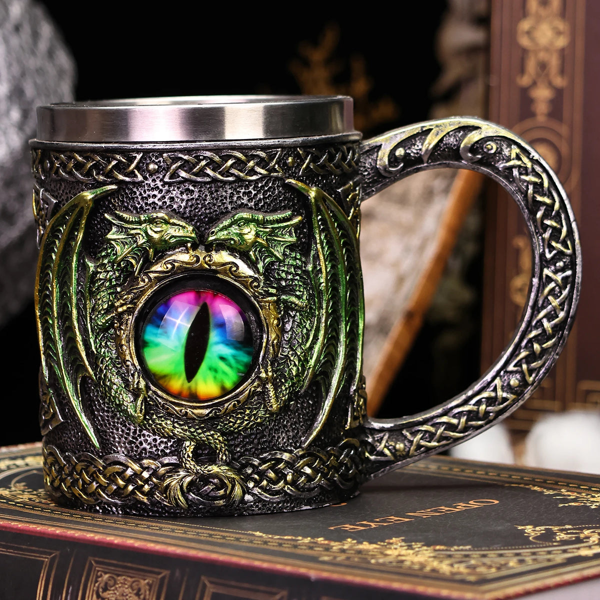 Pack of 3 Medieval Dragon Tankard, Resin Beer Stein with Stainless Steel Liner, Gothic Skull & Dragon Eye Mug, 4 Styles, 15oz, 5.5in