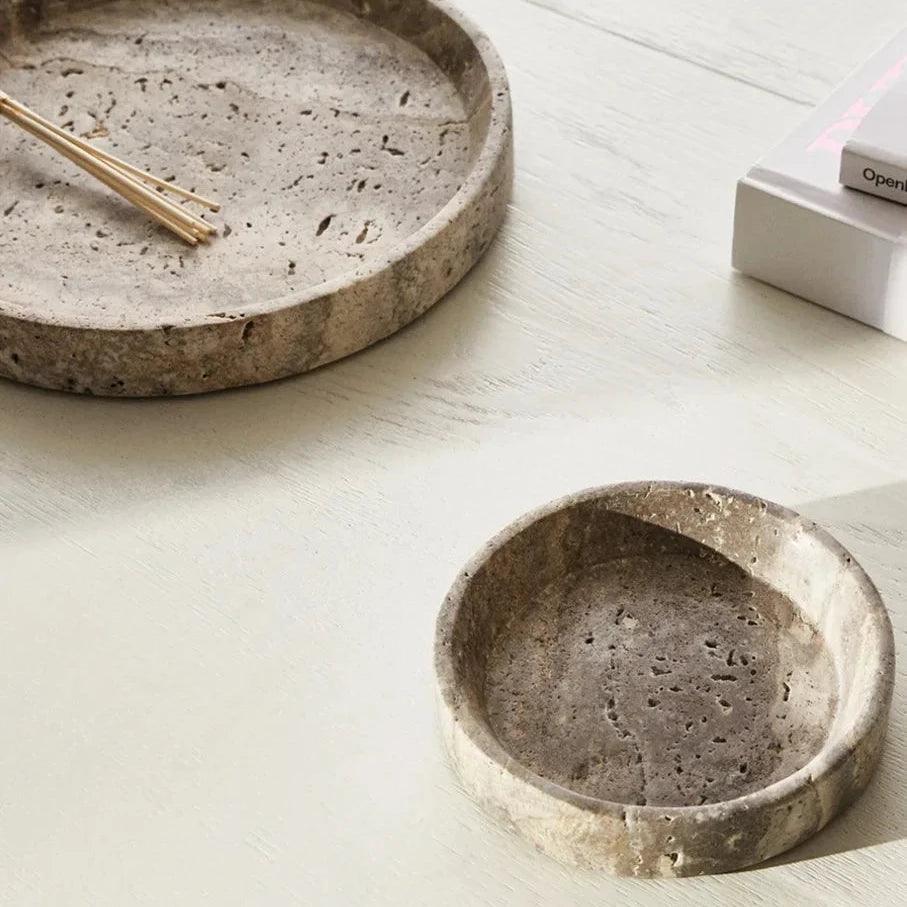 Travertine Round Tray, Stone Coffee Table Tray & Vanity Catchall, 7.9-9.8in