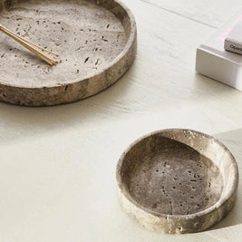 Travertine Round Tray, Stone Coffee Table Tray & Vanity Catchall, 7.9-9.8in