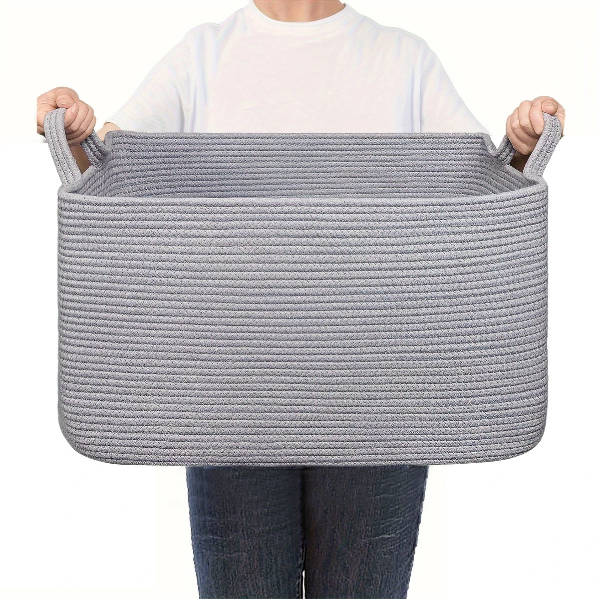 Large Woven Rope Storage Basket with Handles, Laundry, Blanket & Toy Basket, Halloween Candy Bin, 6 Colors, 19 x 13.4in