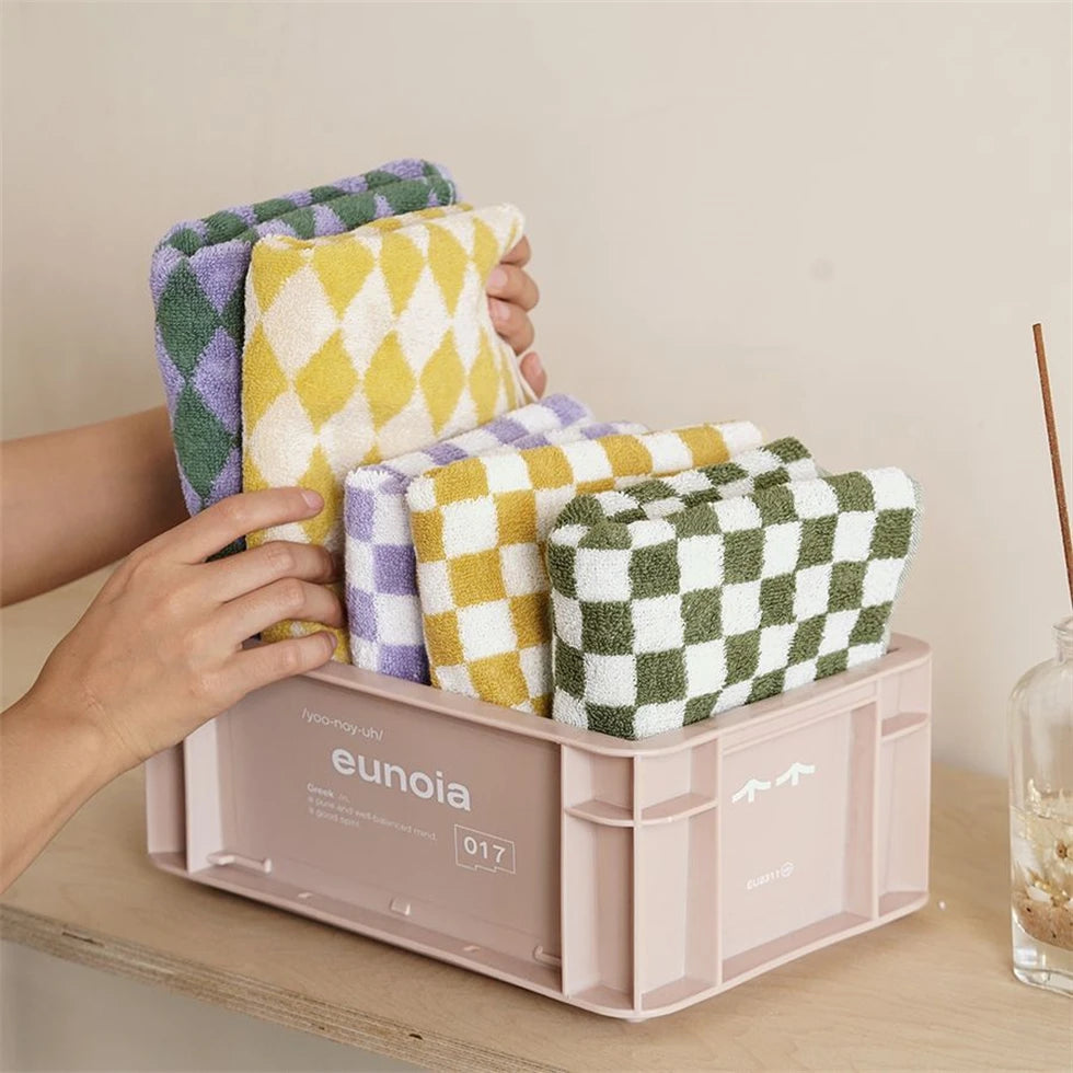 Checkered Jacquard Cotton Towel, Soft Absorbent Hand & Hair Towel, Yarn Dyed Pure Cotton, 2 Colors, 14x30in