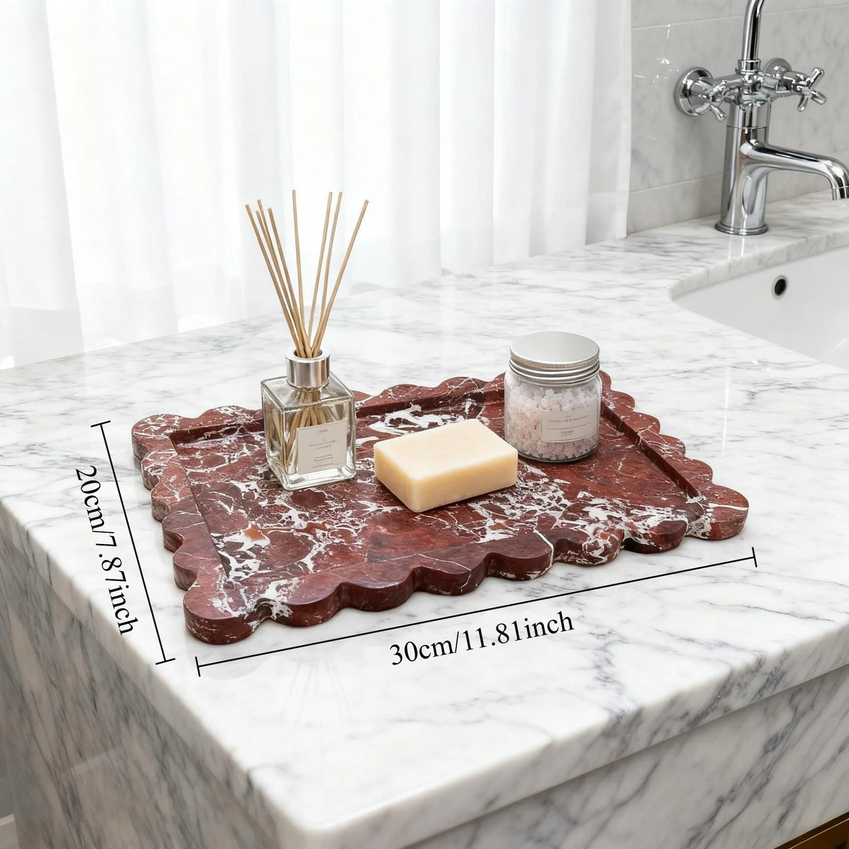 Scalloped Ceramic Vanity Tray, Purple Marble Look Perfume Tray, 9.8-11.8in