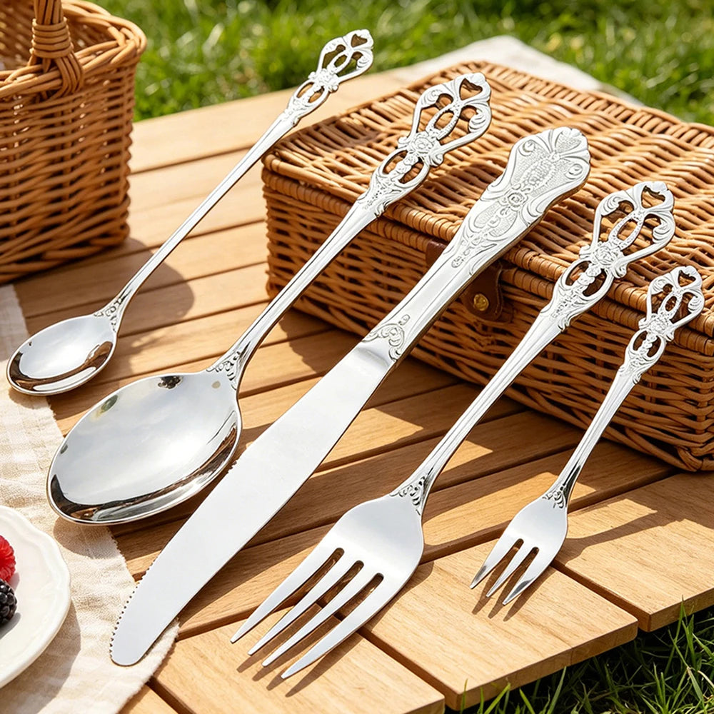 Vintage Baroque Flatware Set, 20-Piece Stainless Steel Cutlery for 4, Ornate Scroll Handles, Black, Gold, Silver & More