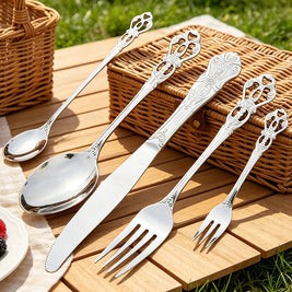 Vintage Baroque Flatware Set, 20-Piece Stainless Steel Cutlery for 4, Ornate Scroll Handles, Black, Gold, Silver & More