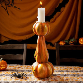Pack of 5 Stacked Pumpkin Candlestick, Halloween Taper Candle Holder for Mantel & Table, Jack-o'-Lantern Faces, Resin, 6.9in