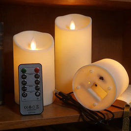 Rechargeable Flameless Candles with Remote, USB LED Pillar Candles with Moving Flame, Ivory Wax Look, Set of 3, 4-6in