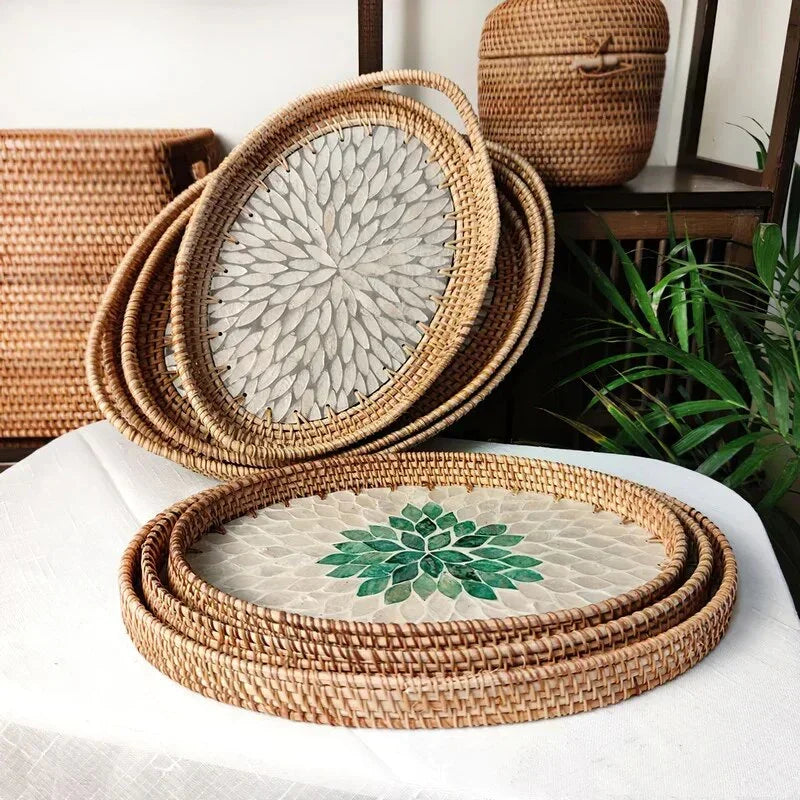 Rattan Serving Tray with Handles, Shell Inlay Coastal Tray, 2 Designs, 13in