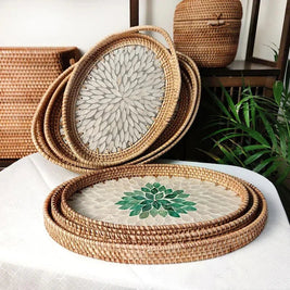 Rattan Serving Tray with Handles, Shell Inlay Coastal Tray, 2 Designs, 13in