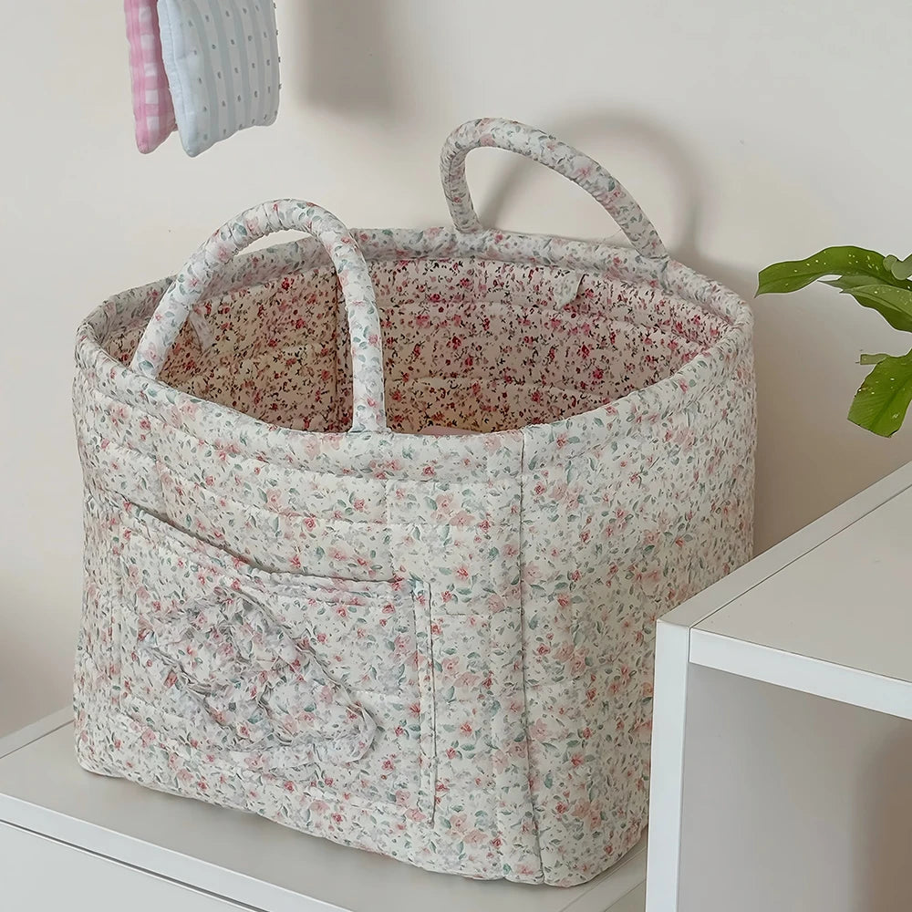Quilted Cotton Storage Basket with Handles, Floral Tote Basket for Halloween Candy, Toys & Blankets, 9 Patterns, 12.6in