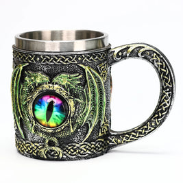 Pack of 3 Medieval Dragon Tankard, Resin Beer Stein with Stainless Steel Liner, Gothic Skull & Dragon Eye Mug, 4 Styles, 15oz, 5.5in