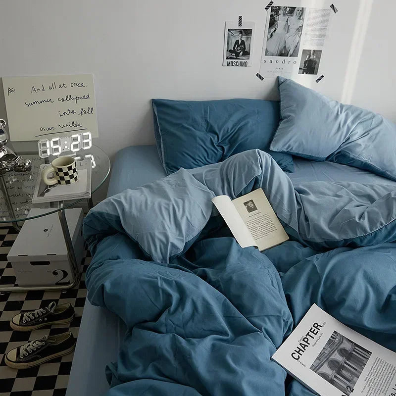 Washed Cotton Bedding Set of 4, Soft Duvet Cover, Sheet & Pillowcases, Solid Color, 14 Colors, 5 Sizes