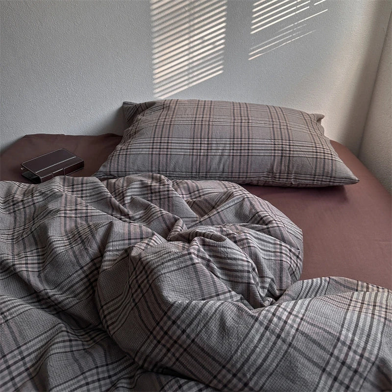 Japanese Style Plaid Duvet Cover Set with 2 Pillowcases, 100% Cotton Bedding, 200 Thread Count, No Filling, 3 Colors, 3 Sizes