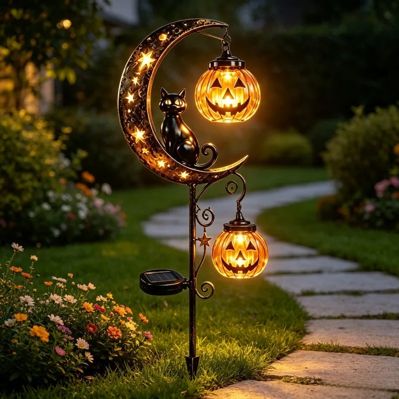 Solar Halloween Garden Stake Light, Black Cat & Crescent Moon with Pumpkin Lantern, Wrought Iron Yard Decor, 3 Styles, 33.5in
