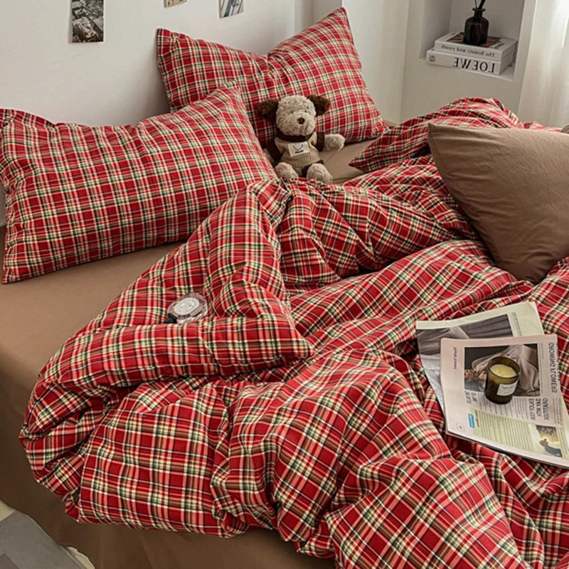 Double Sided Bedding Set with Sheet & Pillowcases, Reversible Plaid & Gingham Duvet Cover Set, 6 Designs, 6 Sizes