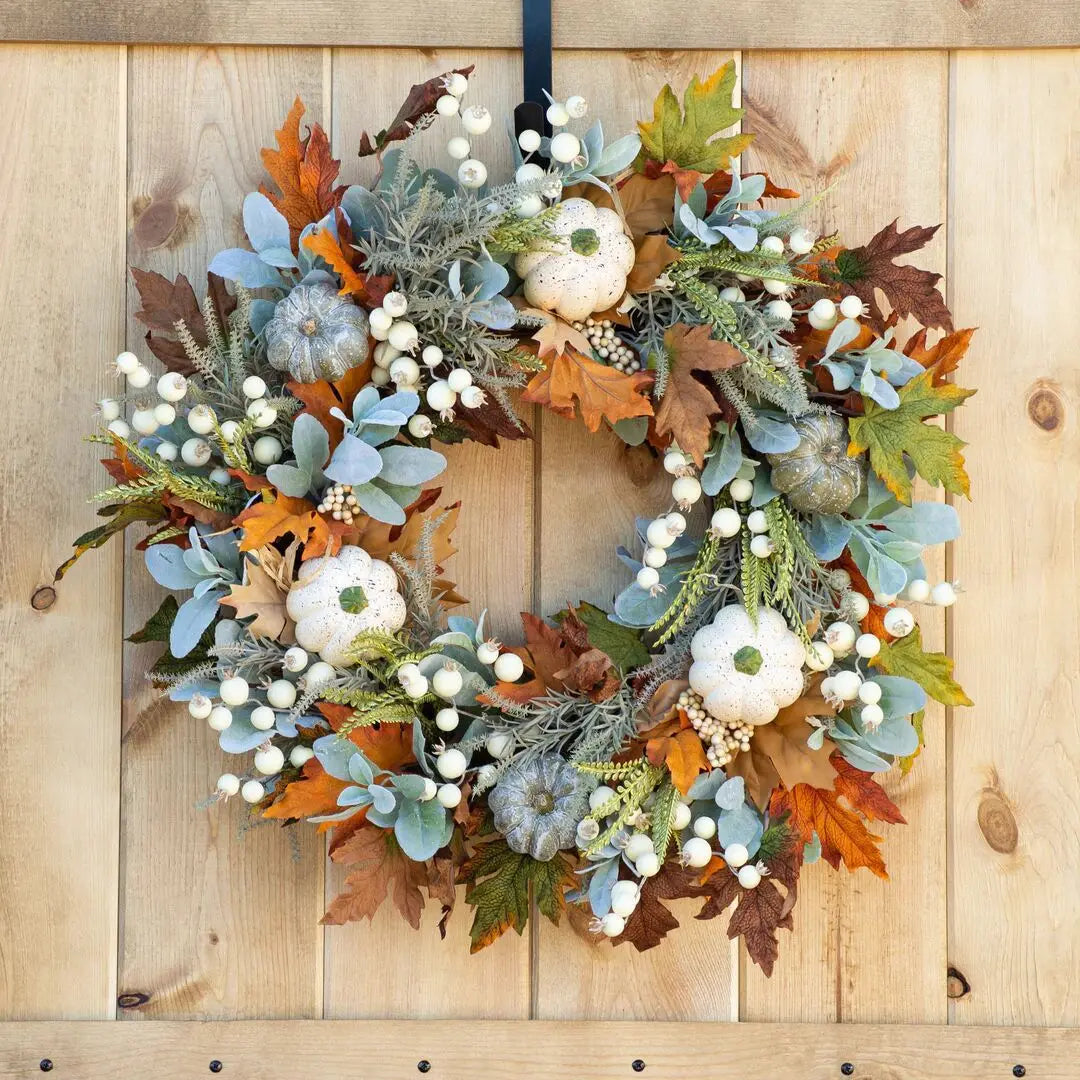 Pack of 2 Farmhouse Fall Wreaths, Artificial Autumn Wreath with White Pumpkins, Berries & Maple Leaves for Front Door, 3 Sizes, 13.8-17.7in