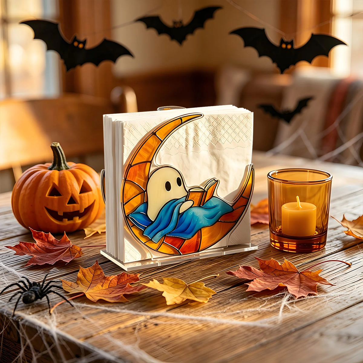Pack of 6 Halloween Napkin Holder,s Printed Acrylic Ghost Design with Stained-Glass Look for Kitchen & Dining Table, 4 Designs, 4.7in