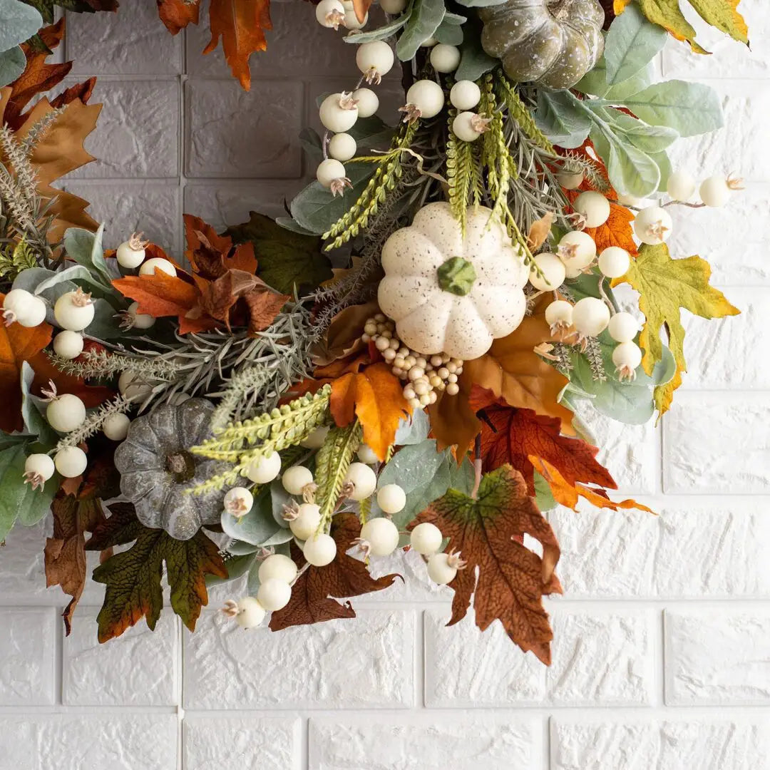 Pack of 2 Farmhouse Fall Wreaths, Artificial Autumn Wreath with White Pumpkins, Berries & Maple Leaves for Front Door, 3 Sizes, 13.8-17.7in