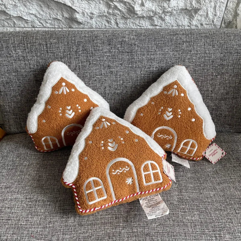 Gingerbread Pillow, House Shaped Christmas Throw Pillow, Embroidered, 12in