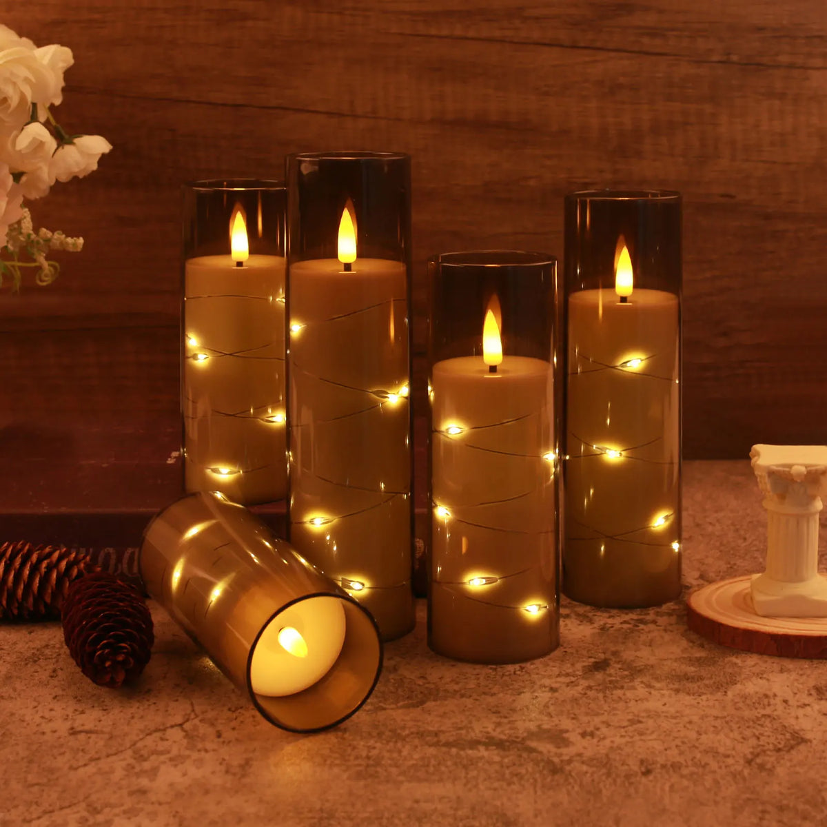 Flameless LED Pillar Candles with Remote, Flickering Battery Operated Candles with Star String Lights, Set of 5, 5.5-7.8in