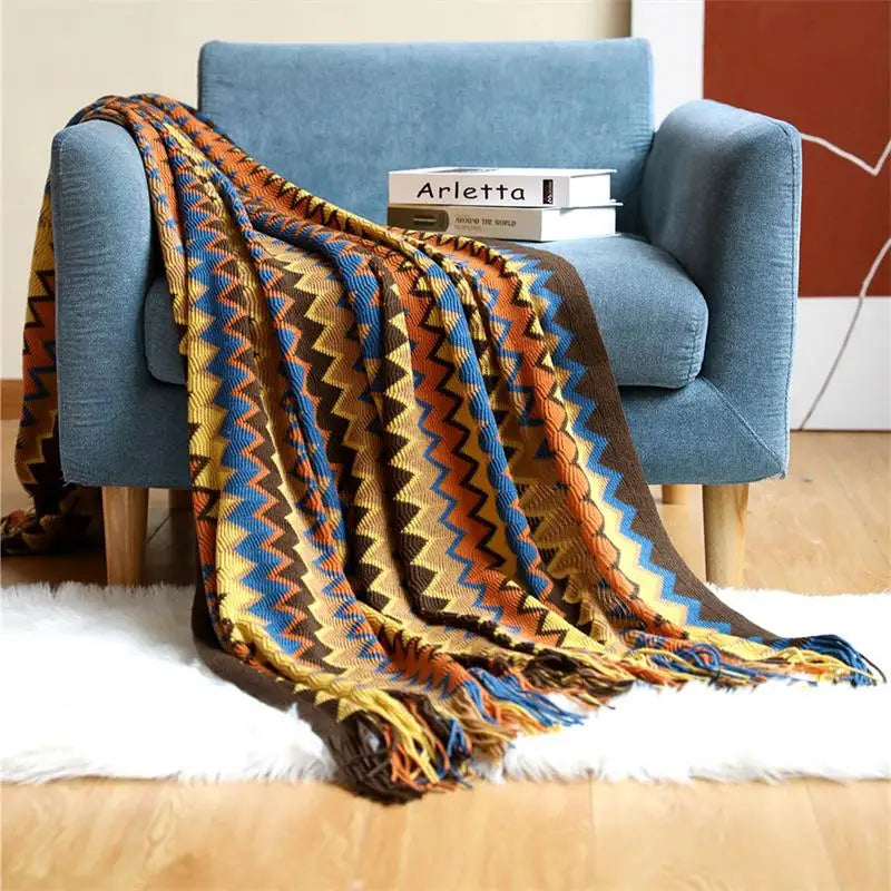 Hand Knitted Blanket with Tassels, Breathable Bohemian Sofa & Bed Throw, 100% Acrylic, 2 Sizes