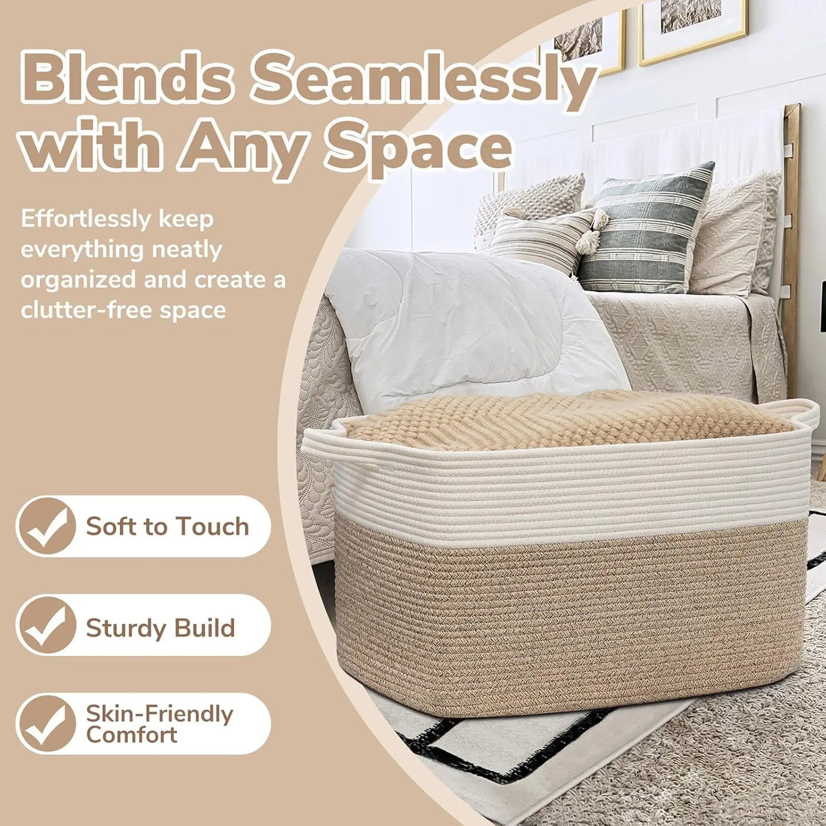 Large Woven Rope Storage Basket with Handles, Laundry, Blanket & Toy Basket, Halloween Candy Bin, 6 Colors, 19 x 13.4in