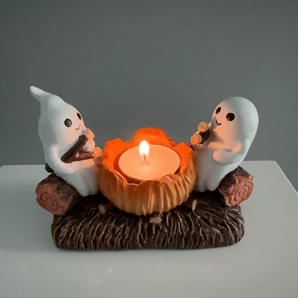 Pack of 3 Ghost Campfire Tealight Holders, Cute Halloween Candle Holder for Shelf & Table, Two Ghosts Roasting Marshmallows, Ceramic, 4.7in
