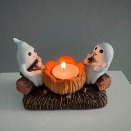 Pack of 3 Ghost Campfire Tealight Holders, Cute Halloween Candle Holder for Shelf & Table, Two Ghosts Roasting Marshmallows, Ceramic, 4.7in