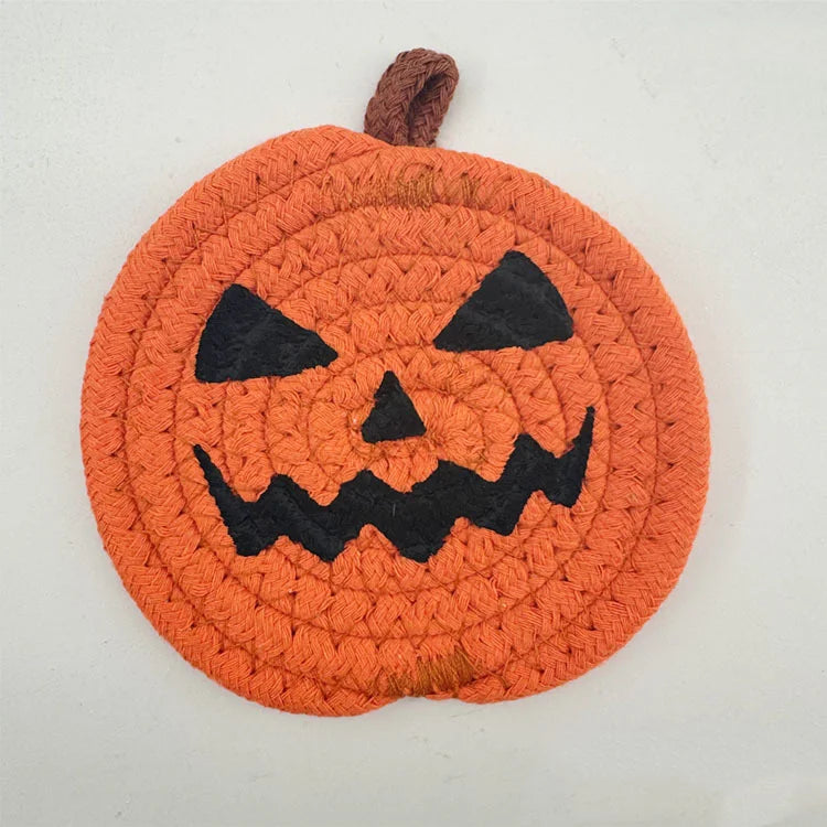 Halloween Coasters, Handwoven Cotton Pumpkin Coasters with Jack-o'-Lantern Faces, Absorbent Drink Coasters, Set of 8