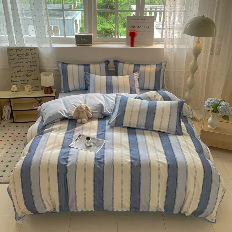 Washed Cotton Bedding Set of 4 with Duvet Cover, Flat Sheet & 2 Pillowcases, 100% Cotton, Brushed Finish, 12 Designs, 3 Sizes