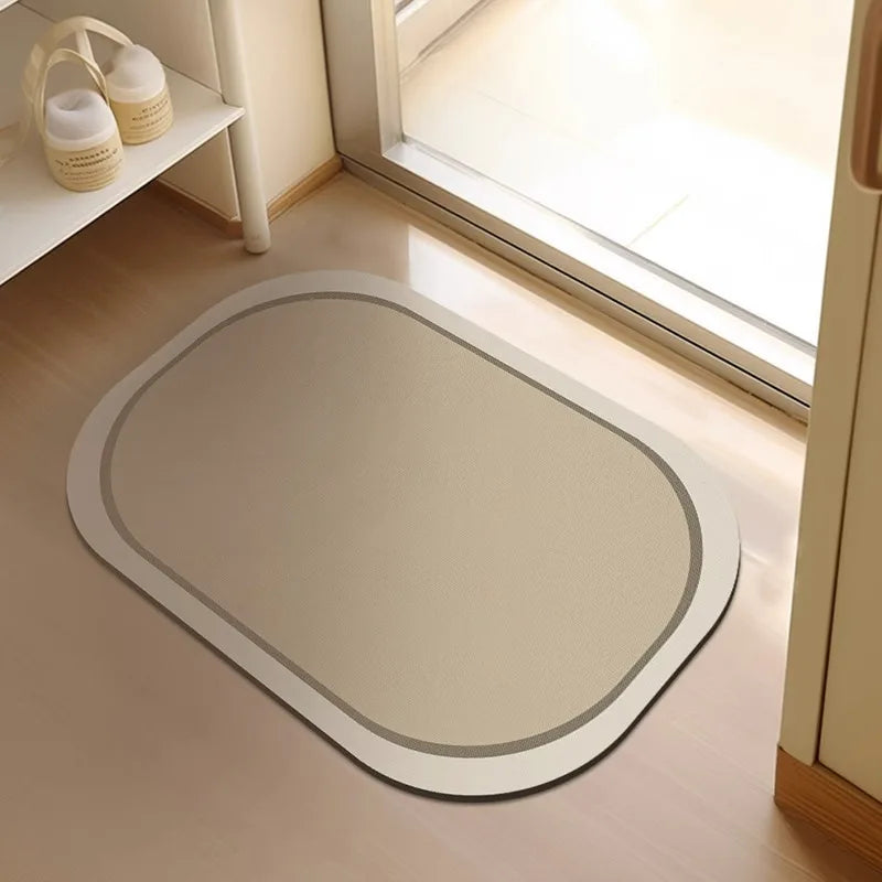 Oval Bath Mat with Geometric Line Pattern, Neutral Shower Room & Bathroom Rug, Non Slip Quick Dry, 4 Styles, 20x31in